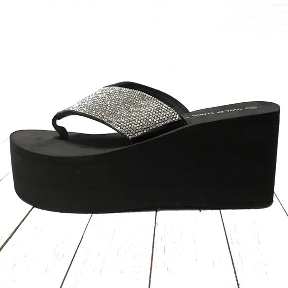 New Black Rhineatone Thong Platform Wedge Sandals - Picture 4 of 5